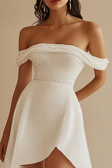 Sparkly White Sequins Off the Shoulder Short Graduation Dress